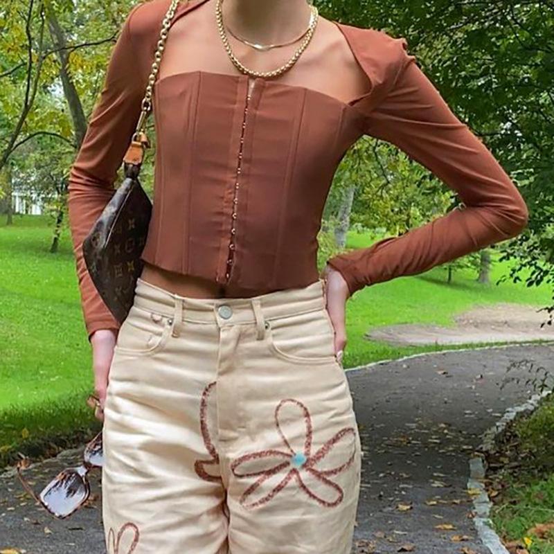 Y2K Summer Clothes Long Sleeve Mesh Tshirts for Women Crop Top Female T-shirt Women's T-shirt Roupas Femininas Tops T Shirt