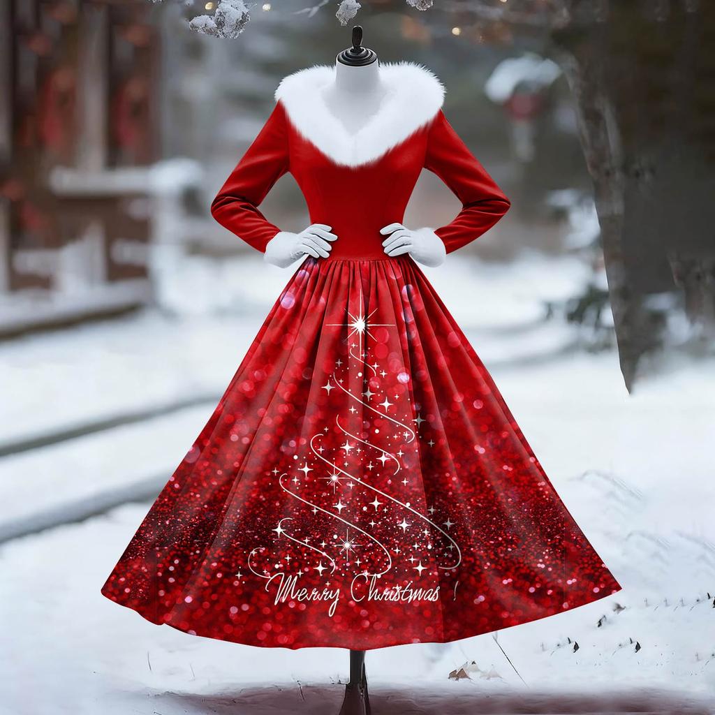 Women's Casual Dress Long-Sleeve V-Neck Patchwork Fleece Christmas Print Dress