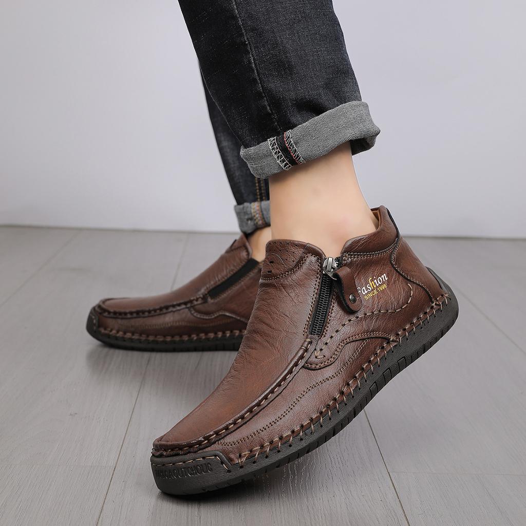 Large Size Men's Shoes Outdoor Casual Leather Shoes Medium Top Martin Boots Autumn and Winter Soft-soled Short Boots
