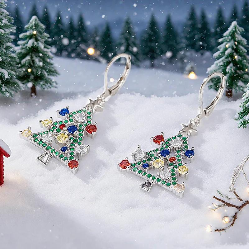 Huitan Creative Colorful Christmas Tree Drop Earrings for Women Shiny Fancy Cubic Zirconia Festival Charms Party
