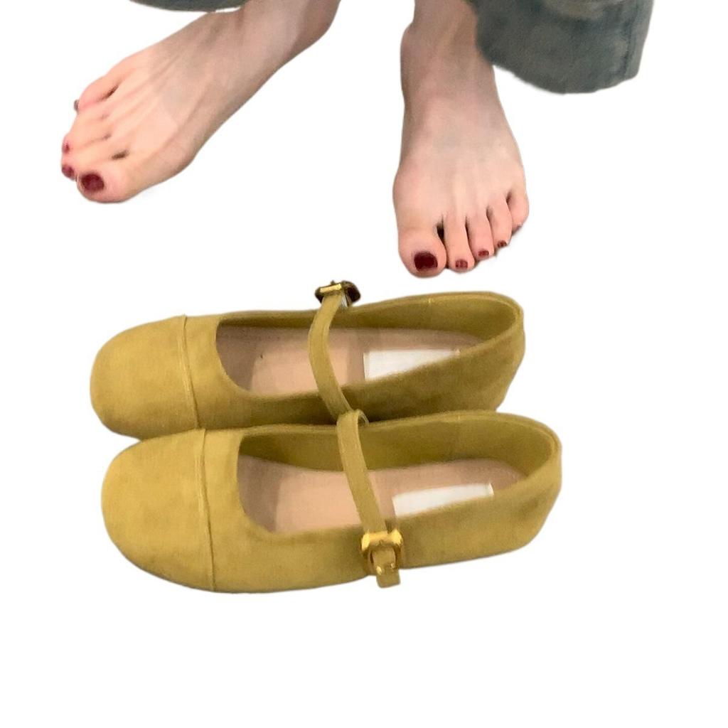 Soft-soled Version~ Retro Simple Style Flat-soled Small Single Shoes Women's Round Head, Shallow Mouth Matte Suede One-word Buckle Mary Jane Shoes