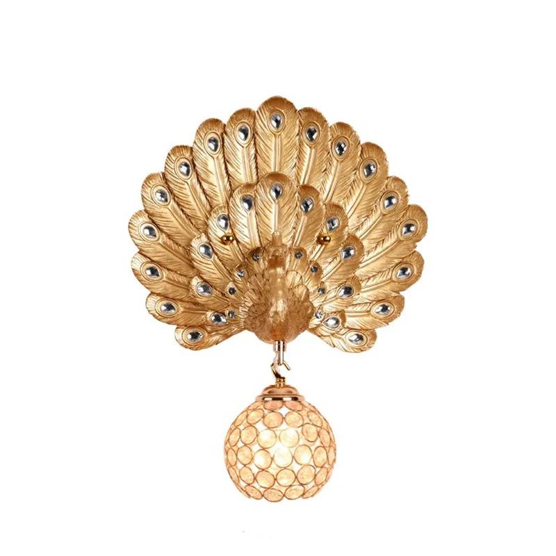 European Creative Peacock Wall Lamp Resin Crystal Lighting Decorative Dinning Living Background Bedroom Bracket Light