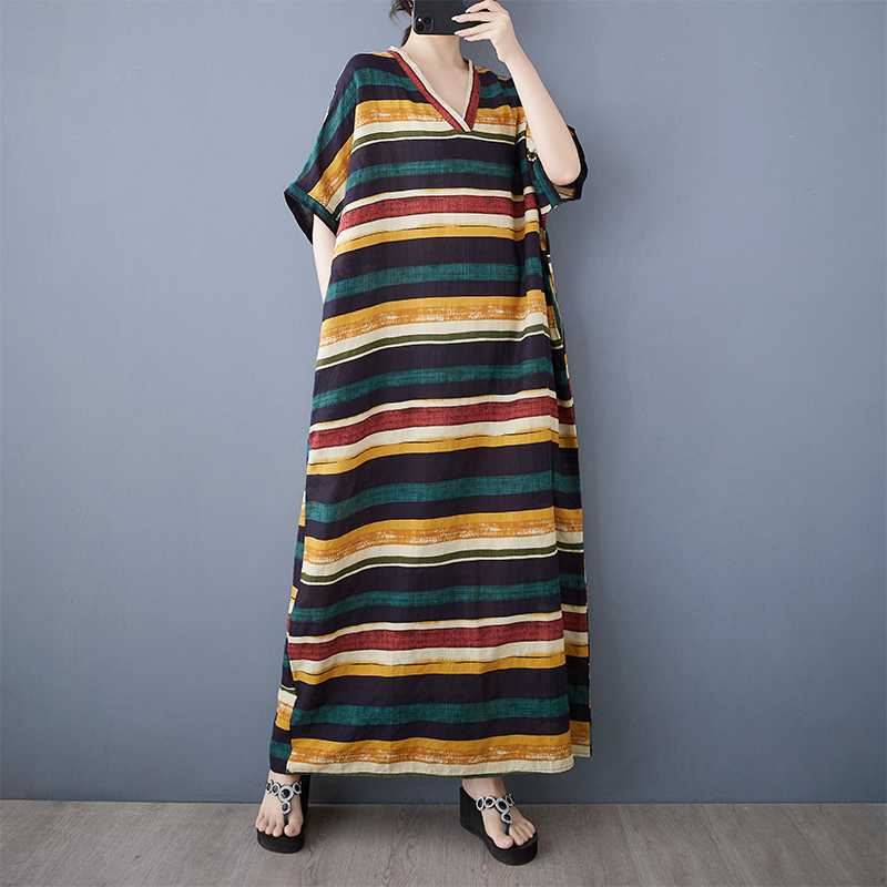 Real Summer New Cotton and Linen Printing V-neck Loose Large Size Simple Holiday Style Long Skirt Women's Beach Skirt Thin