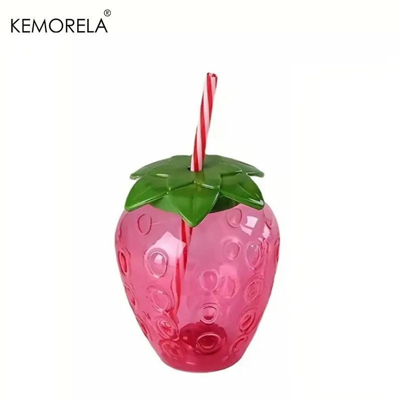 Summer Cute Strawberry Cup With Straw Creative Clear New Plastic Water Bottles For Girl Student Portable Cold Drink Water Cup  500ml