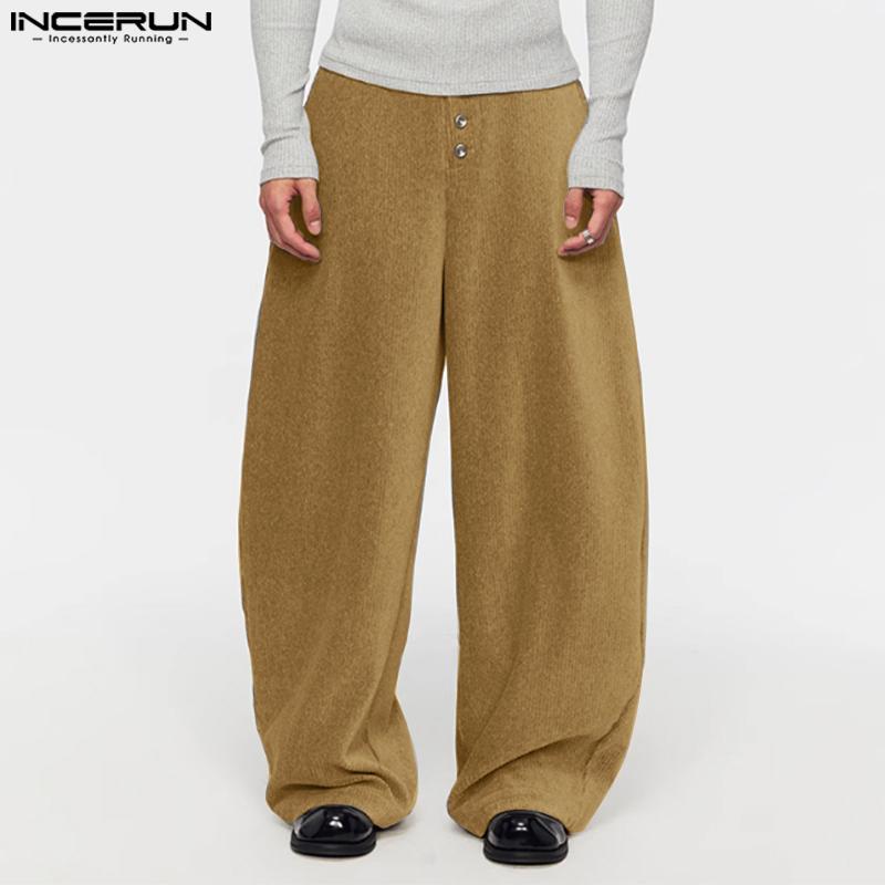 INCERUN Men Spring High Waist Buttons Solid Casual Long Chunky Pants Trousers 