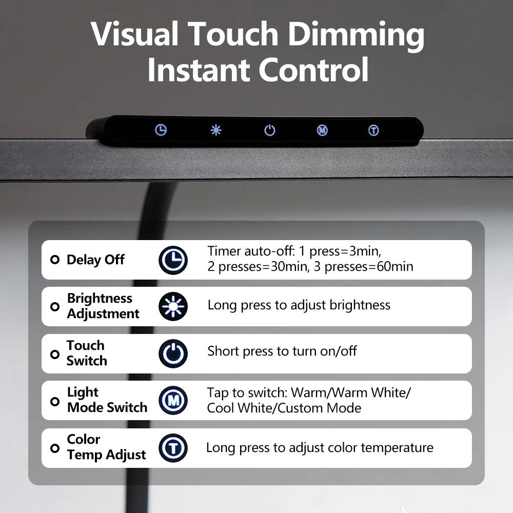 LED Single-Head Touch-Control Full-Spectrum Eye-Caring Desk Lamp 12W 80LED RA95 No Blue Light Flicker Stepless Dimming Desk Lamp