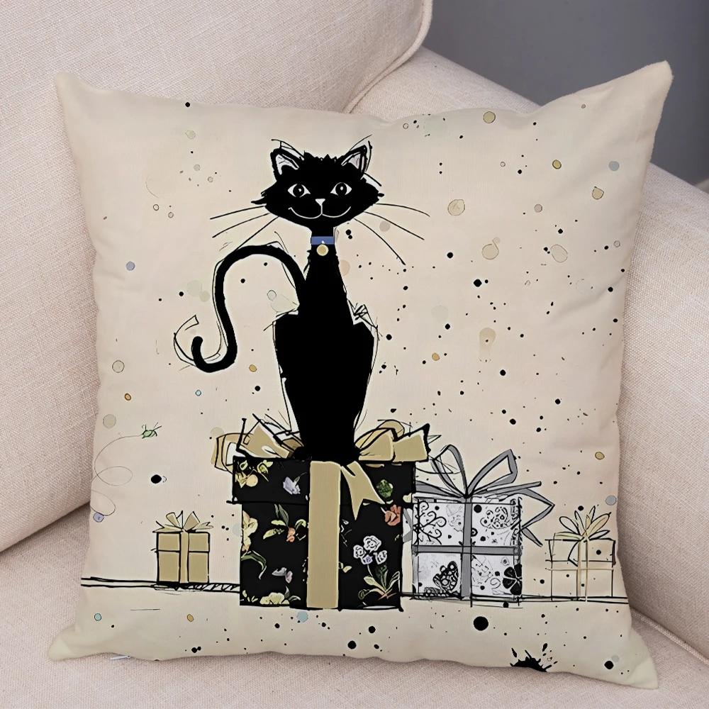 Double Print Cute Elegant Black Cat Cushion Cover Decor Cartoon Animal Pillow Case for Sofa Home Car Soft Plush Throw Pillowcase