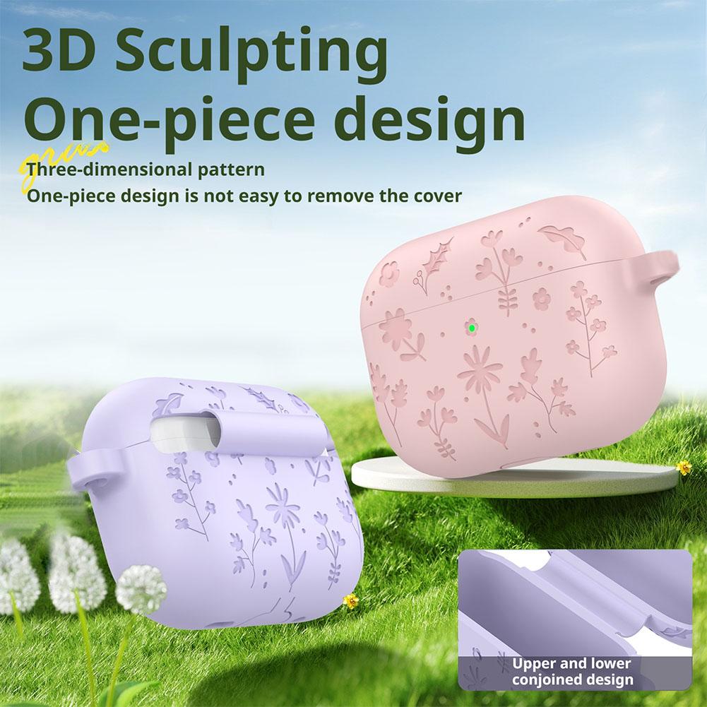 For Airpods Pro 3 Case with Cleaner Kit, Floral Engraved Shockproof Full Protective Case Cover with Keychain for Airpods Pro 3rd