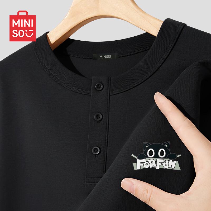MINISO Men s Trendy Henley Long Sleeve T-Shirt with MK Happy Cat Logo XL