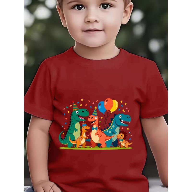 European Sizes Boys' Short-Sleeve Cartoon Dinosaur Party Theme Printed Top, Cute Colorful Dinosaur Birthday Balloon Element Baby T-Shirt
