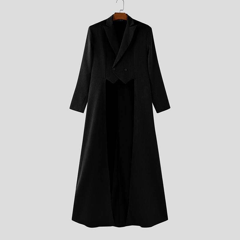 INCERUN Men Peak Lapel Solid Color High Low Irregular Splits Maxi Blazer Coats