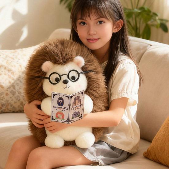 Hedgehog Plush Toy with Glasses & Book Soft Stuffed Animal Fluffy Hedgehog Plush Cute Animal Pillow Gift for Students Kids