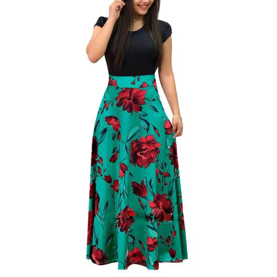 Women Floral Print Color Block Round Neck Beach Party Short Sleeve Maxi Dress