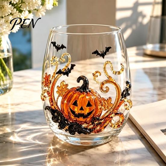 Clear Glassware for Kitchen Halloween Artisan Glassware, Stemless Drinking Glasses with Raised Pumpkin Ghost Black Cat Web School Water Drinkware
