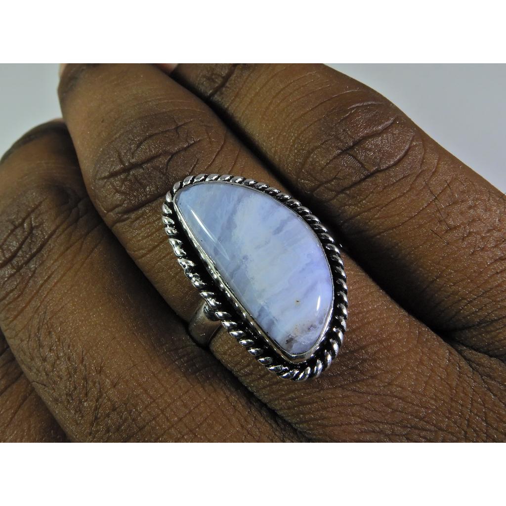 Natural Blue Lace Agate 925 Solid Sterling Silver Ring Size US-9 PG-91