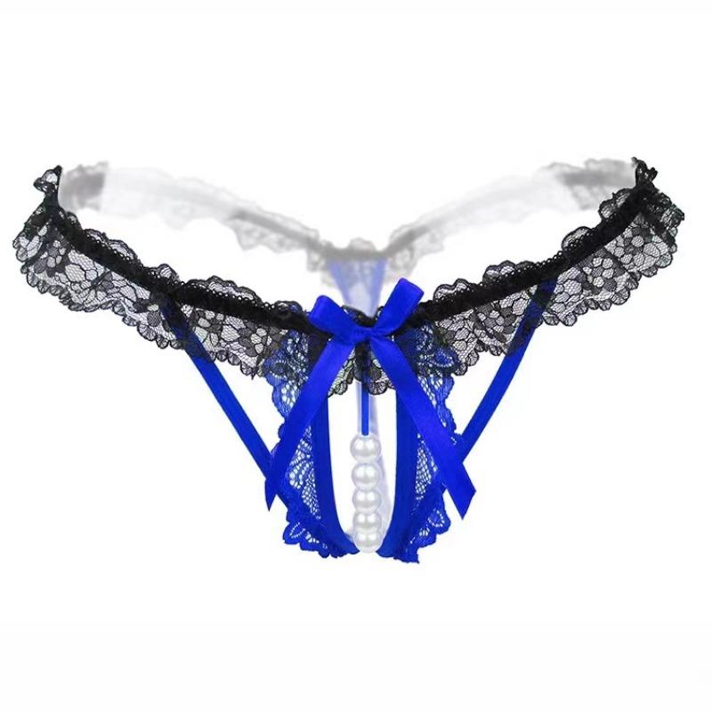 Plus Size Lingerie Women Lace Briefs Pearl Beading Panties For Sex Open Crotch Thongs G Strings Transparent Underwear
