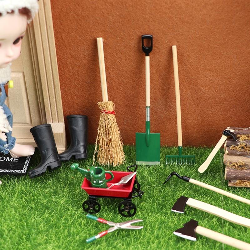 12PCS Dollhouses Gardening Accessories Tool Set with Rainboot Broom Shovel Rake For 1/12 Scale Garden Scene Decoration