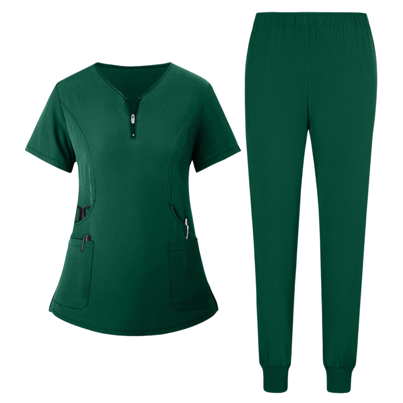 

Women s Uniform Quick Drying Fabric Color V-neck Zipper Pocket Short Sleeved Pants Set Caregiver Set XL