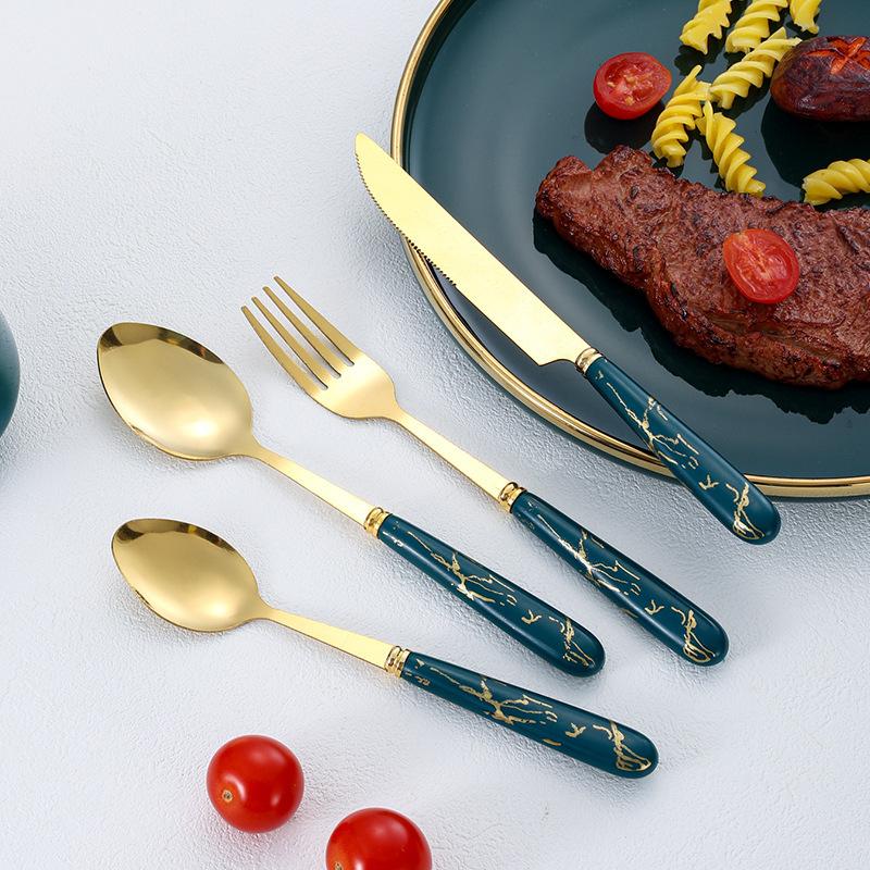 Stainless steel knife, fork, spoon, Nordic 24 piece cutlery set, marble pattern, dessert spoon, steak knife and fork gift box set