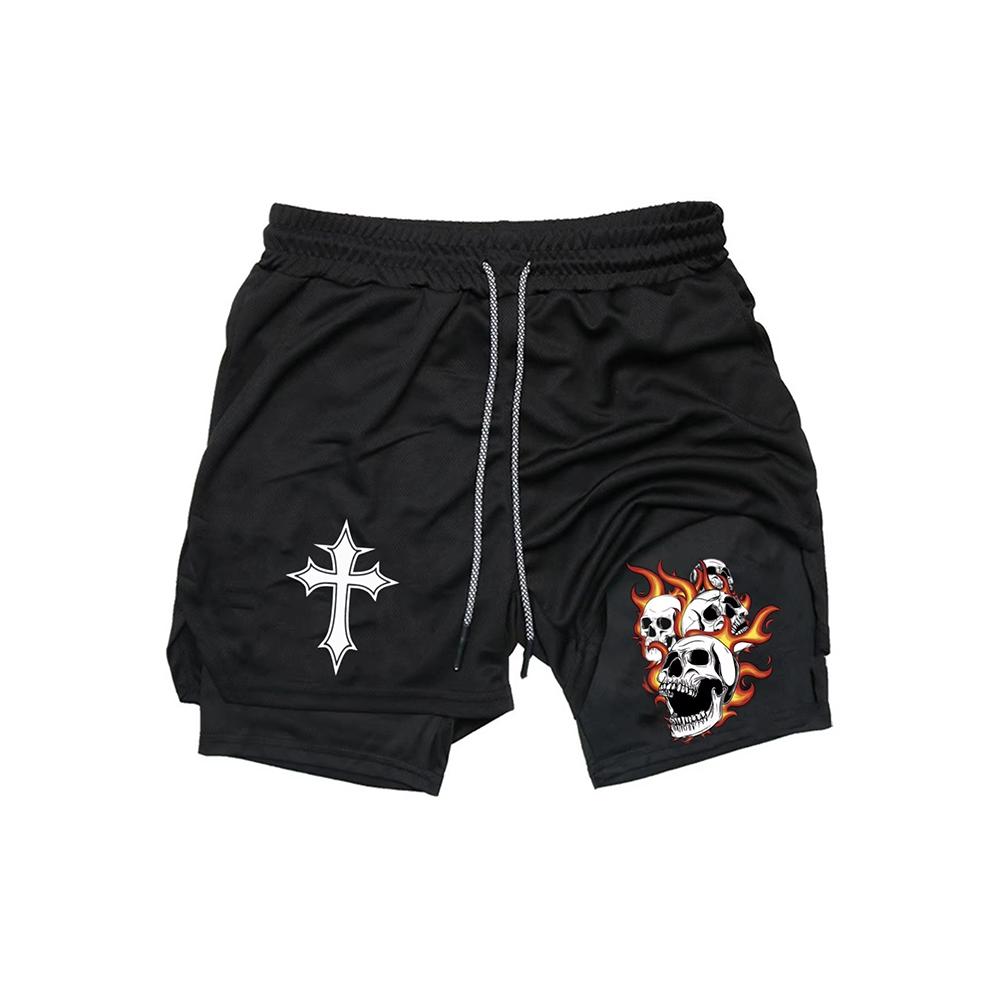 Men's Fitness Two-in-one Shorts Double-layer Beach Pants Trendy Printed Sports Shorts Outdoor Training Running 10105