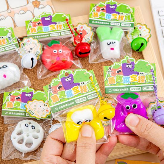 Cartoon Vegetable Squeeze Toy with Bell Ball Chain Stress Slow Rising Vegetable Sensory Fidget Toy Keychain Hanging