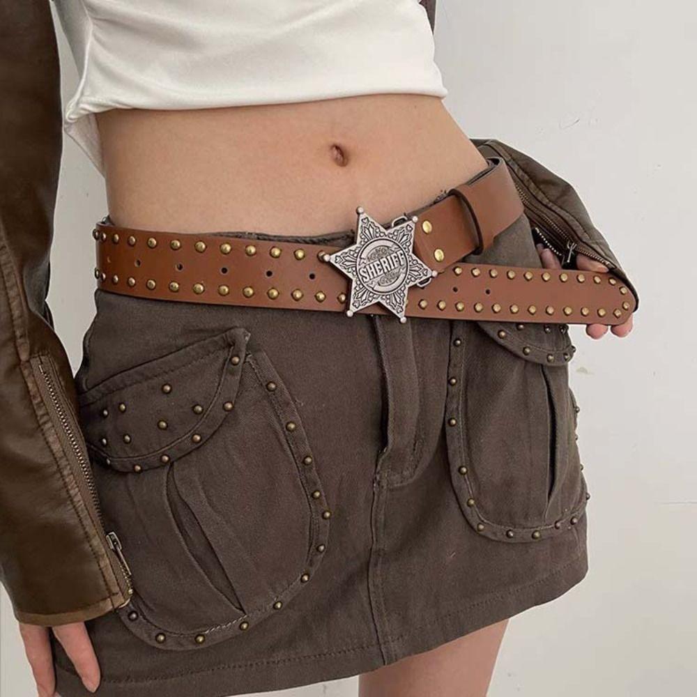 Rivet Y2k Style Waist Belt Wide Side Trouser Decoration Retro Star PU Leather Belt Female/Girls