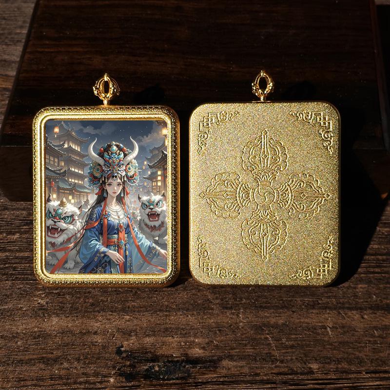 

Lotus Head Vajra Dorje Thangka Pendant with Gilded Gold Finish Colorful Design + Case