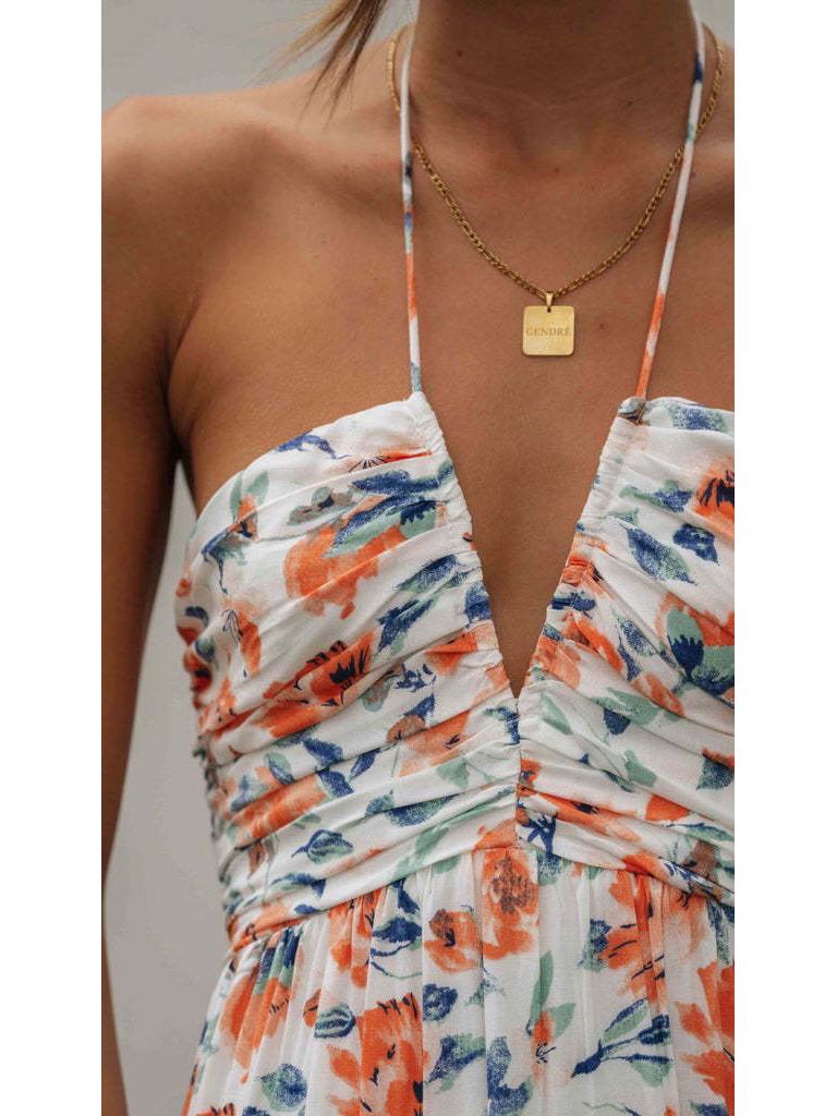 2024 Women's V-neck Print Sleeveless Tie-up Maxi Dress