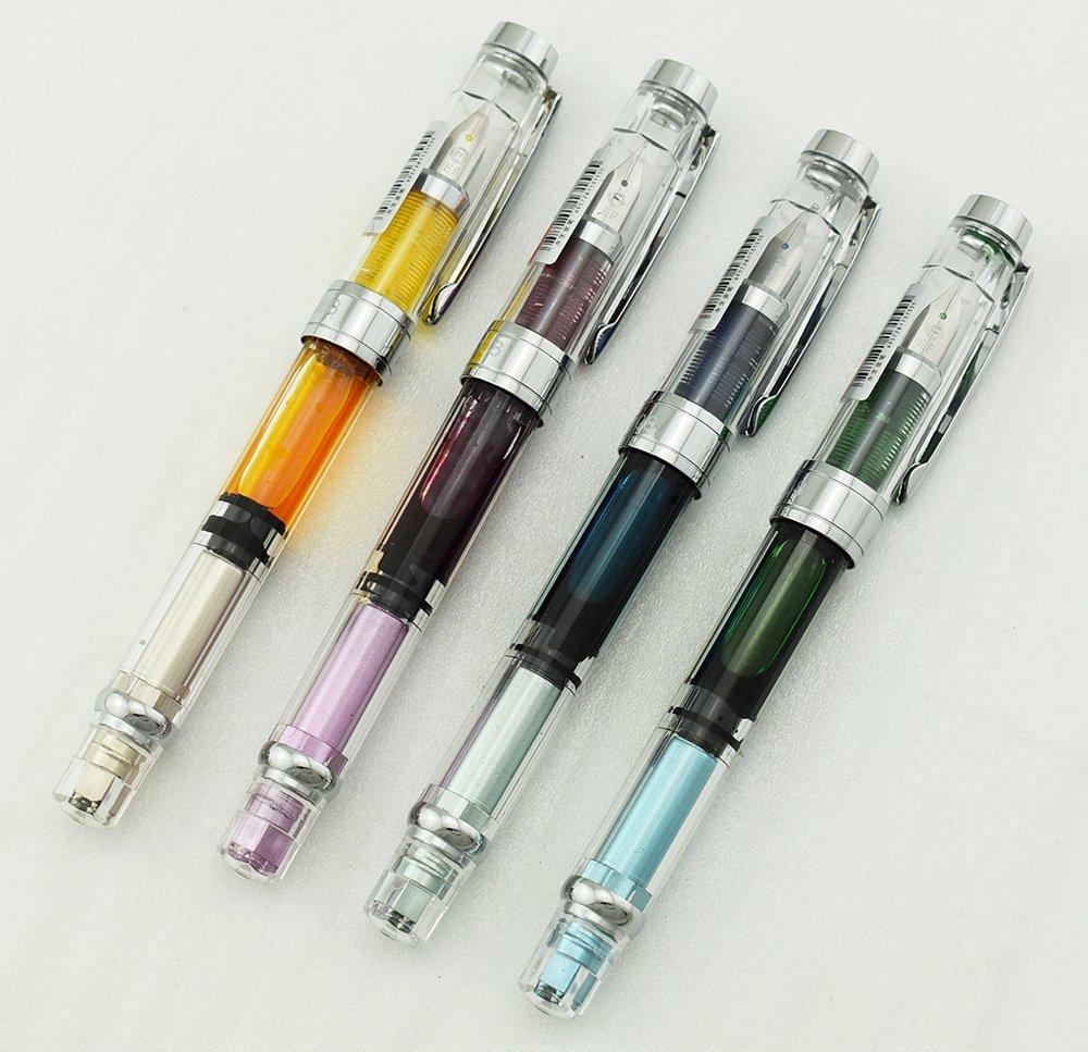 Yongsheng 3008 Fountain Pen, Extra Fine Nib, EF, Transparent Barrel, Silver Trim, Screw-On (Set of 4)