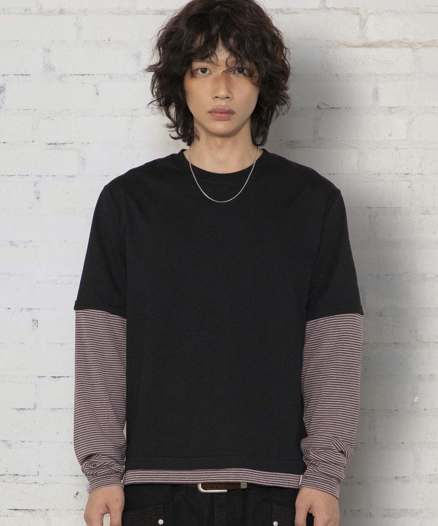 XTONZ Xtt166 Roll-Up Layered Crop Long Sleeve (Stripe Black)