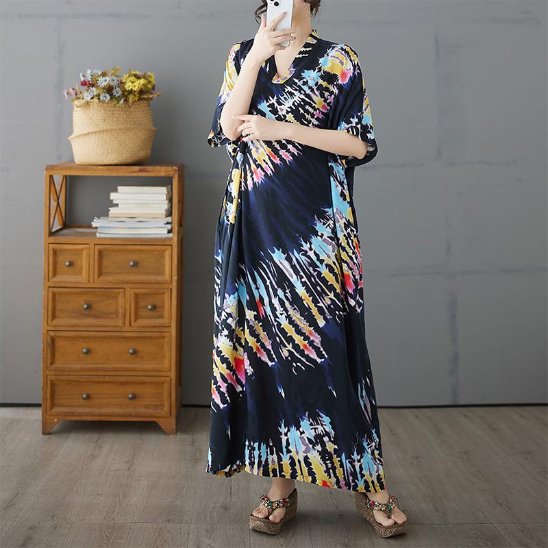 Dimanaf Plus Size New 2025 Summer Printing Dress Women Basic V-Neck Beach Casual Long Fashion Loose Dress