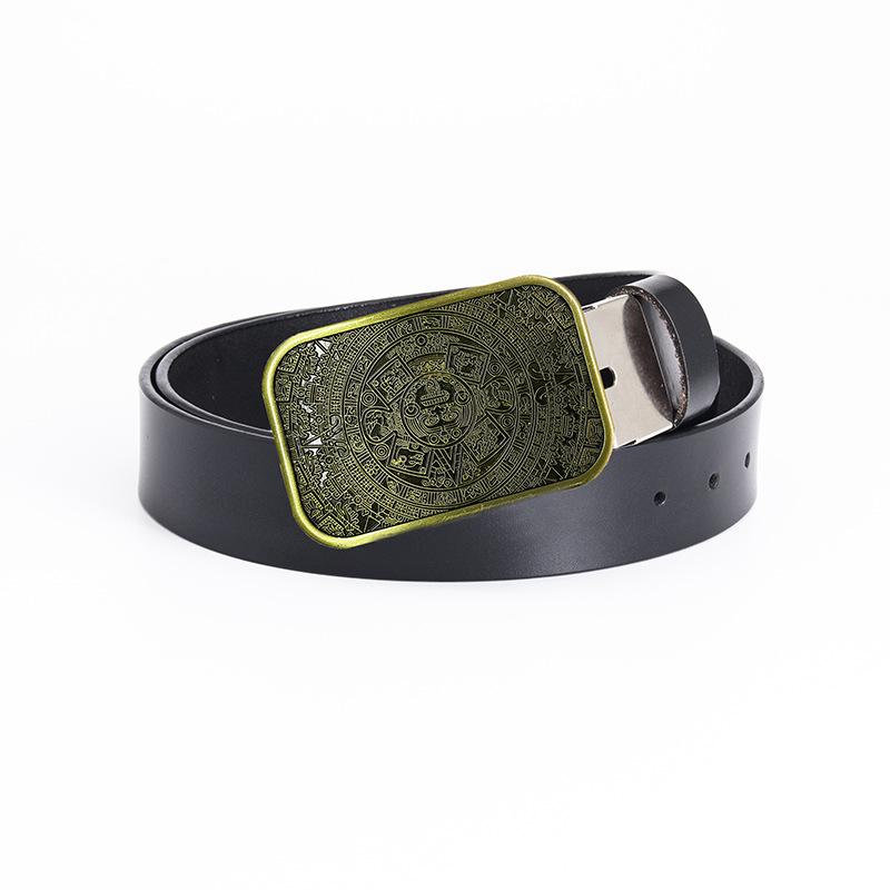 Glossy Whole Cowhide Belt, Zinc Alloy Ancient Tin Aztec Calendar Belt, Retro Large Size Pure Leather Belt.