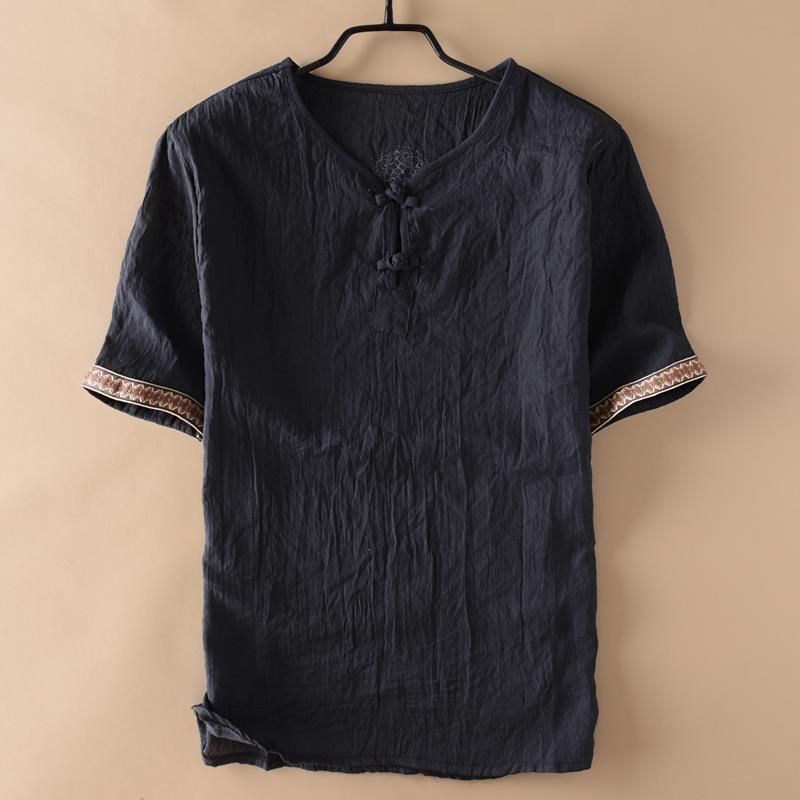 Men Chinese Style Vintage Printed Cotton Linen T Shirt Summer Male Casual V Neck Short Sleeve Breathable Tops Ropa Hombre M-5XL