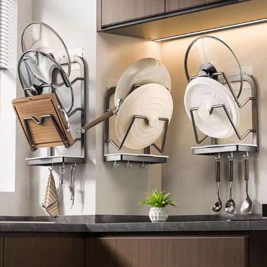 Wall-Mounted Pot Lid Holder Kitchen Pot Lid Storage Rack Punch-Free Pot Lid Organizer with Removable Drip