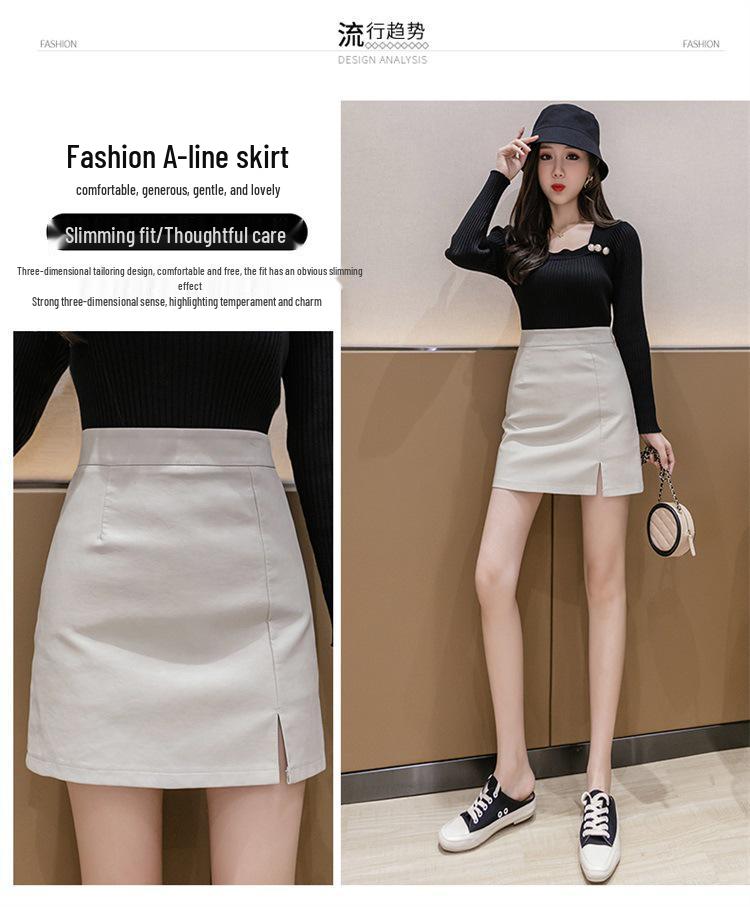 Women's High-Waist PU Leather A-Line Skirt - Black Slit Short Skirt for Autumn/Winter