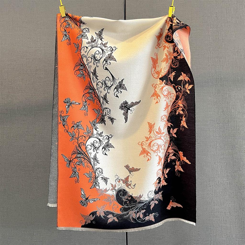 Autumn and winter new contrasting color butterfly printing scarf three-color splicing retro pattern design warm and fashionable outer shawl
