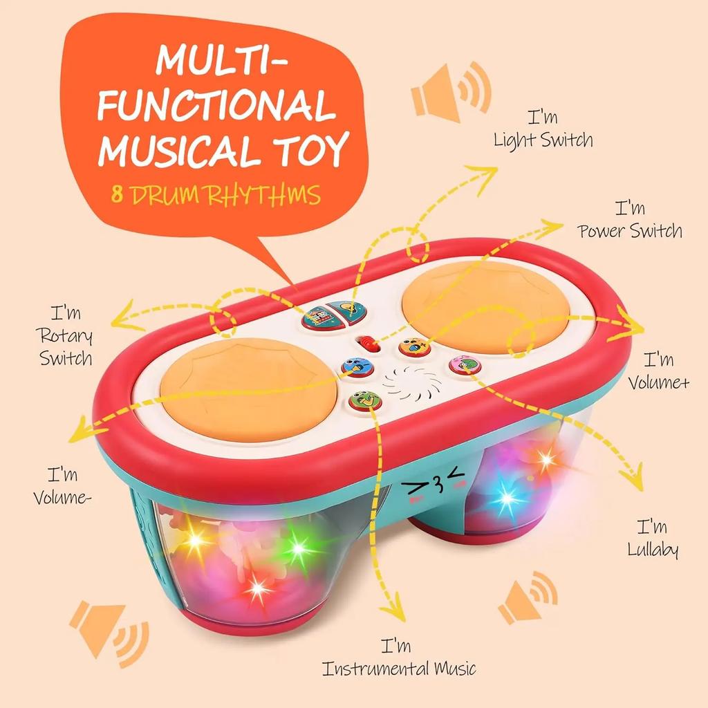 Baby Toys for 6 to 12 Months, Drum Musical Learning Infant Toys Rotating Light Up Toys for 12-18 Months, Tummy Time Toys for Baby