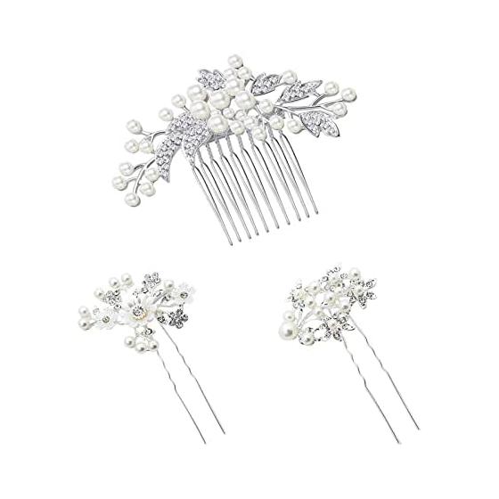 Pearl Hair Pins, Bridal Hair Accessories, Wedding, Graduation, Party, Handmade Flower Hair Comb, 3-Piece Set (Silver)