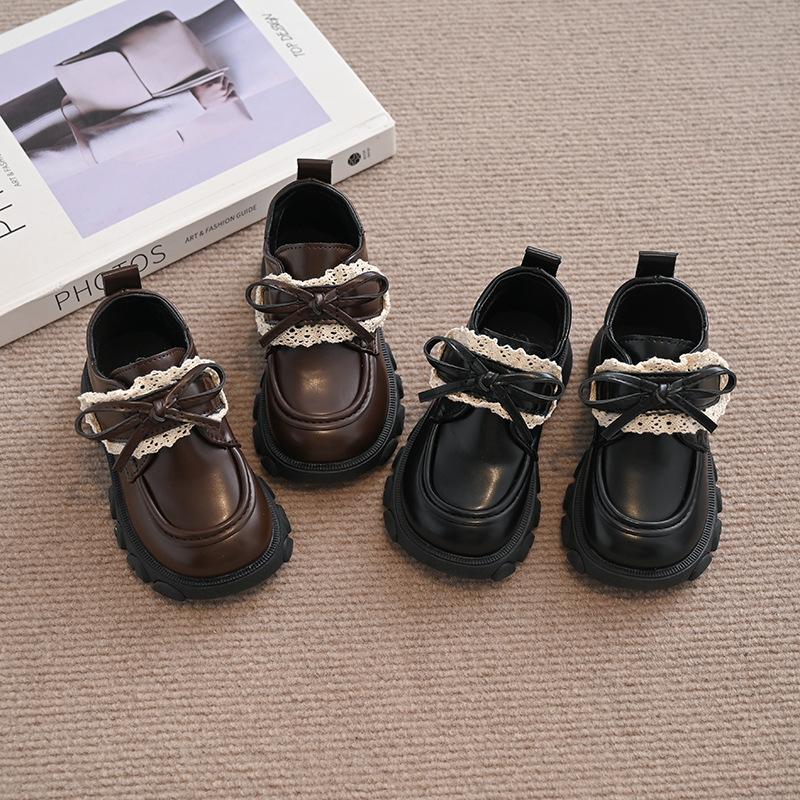 Girls Bow Lace Fashion Princess Small Leather Shoes 2025 Spring New Korean Version of Children's Loafer Platform Shoes