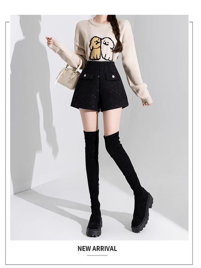 High-Waisted Black Sequin Woolen Shorts for Women - Winter 2026 A-Line Slimming Style, Perfect with Boots and Outerwear