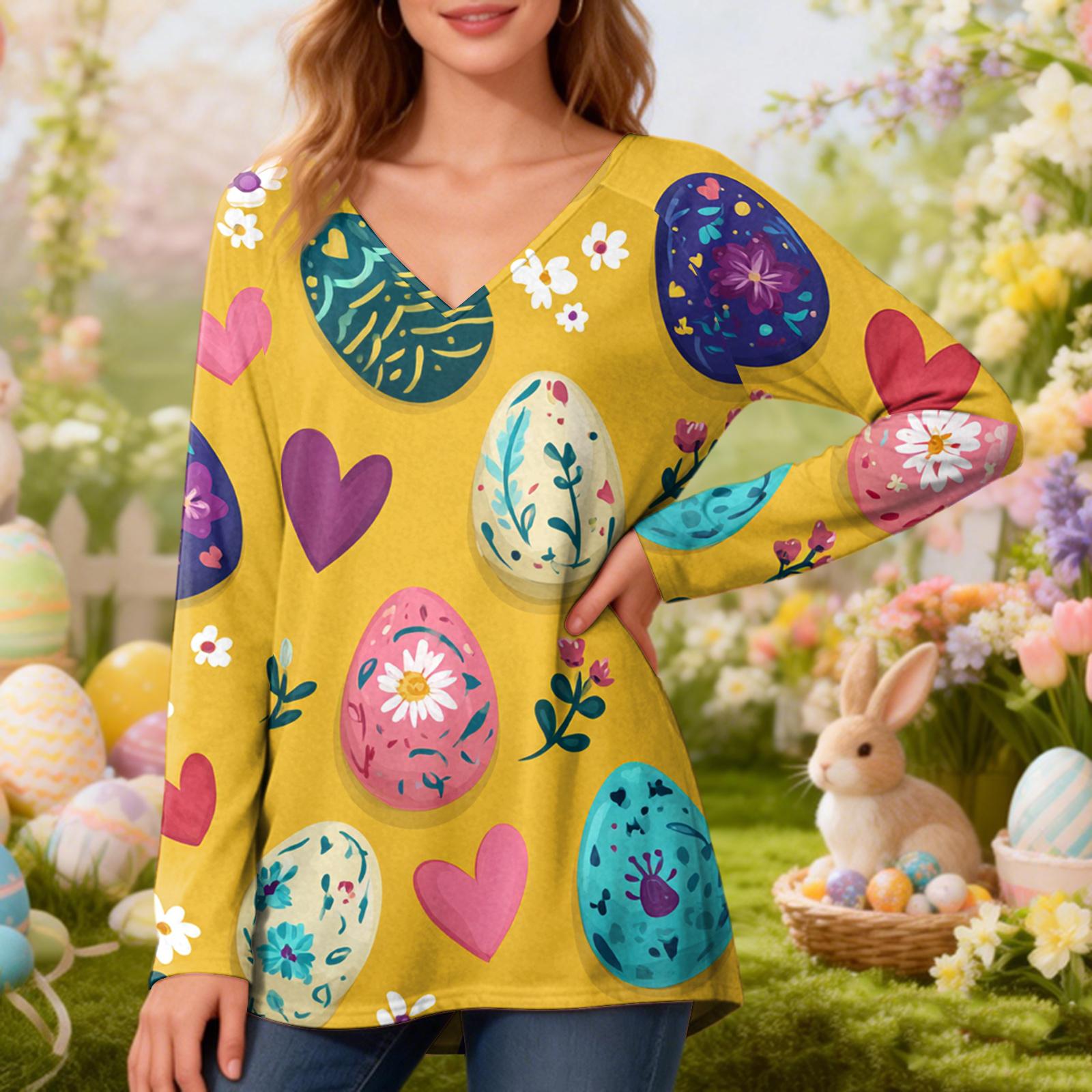 

Women s Fashionable Casual Long-Sleeved Easter Print V-Neck Mid-Length Top XL жовтий
