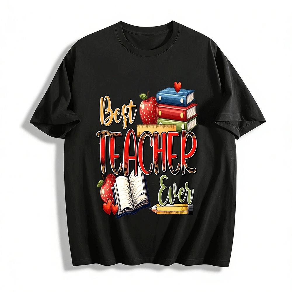 Best Teacher Ever Leopard Print Apple Book Graphic Teacher Shirt Pure cotton T-shirt XXS