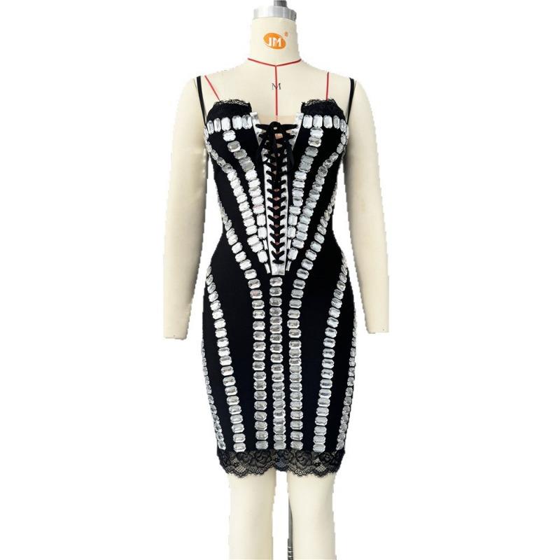 Sexy Bandage Dress Fashion African New Suspender Women's Binding Diamond Hip Wrap Evening Dress