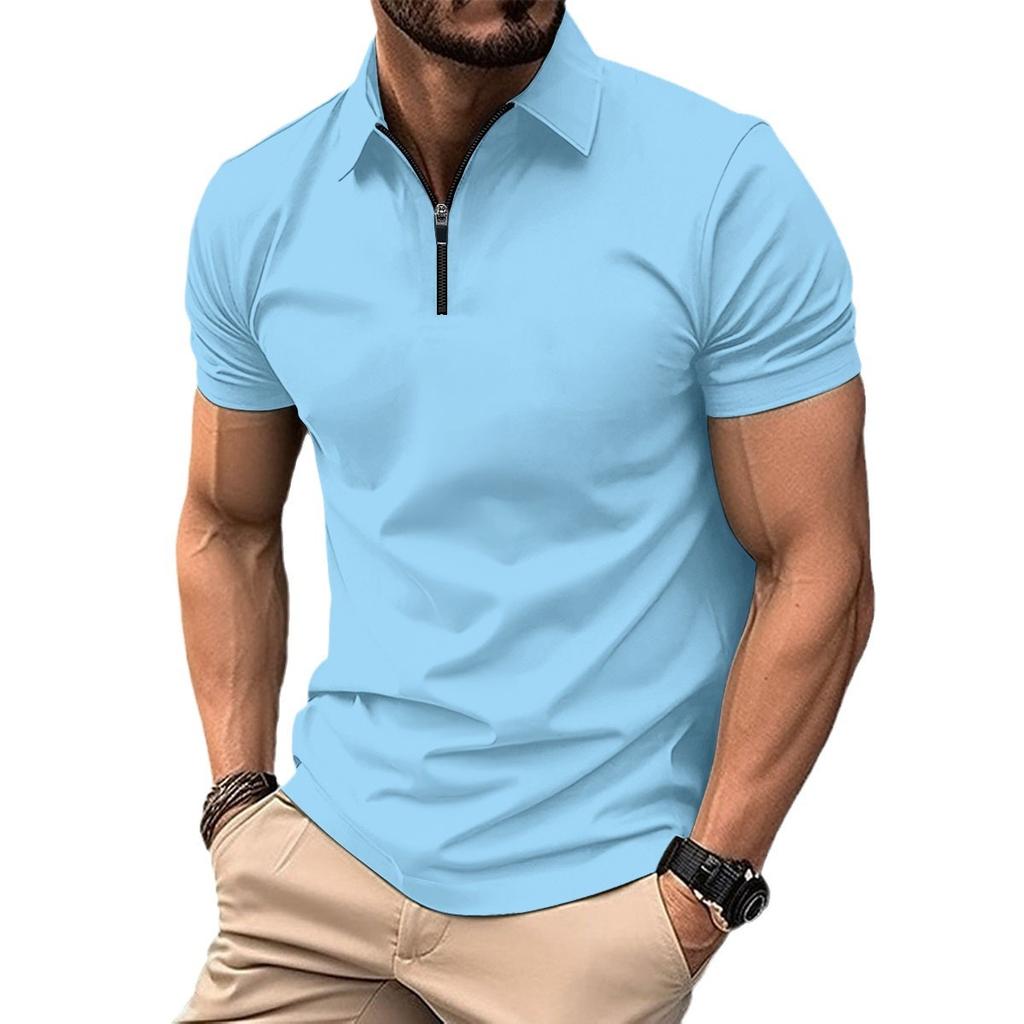 Men's Fashion Polo Shirt with Zip – Plain, Loose-Fitting, Casual, Short-Sleeved Top