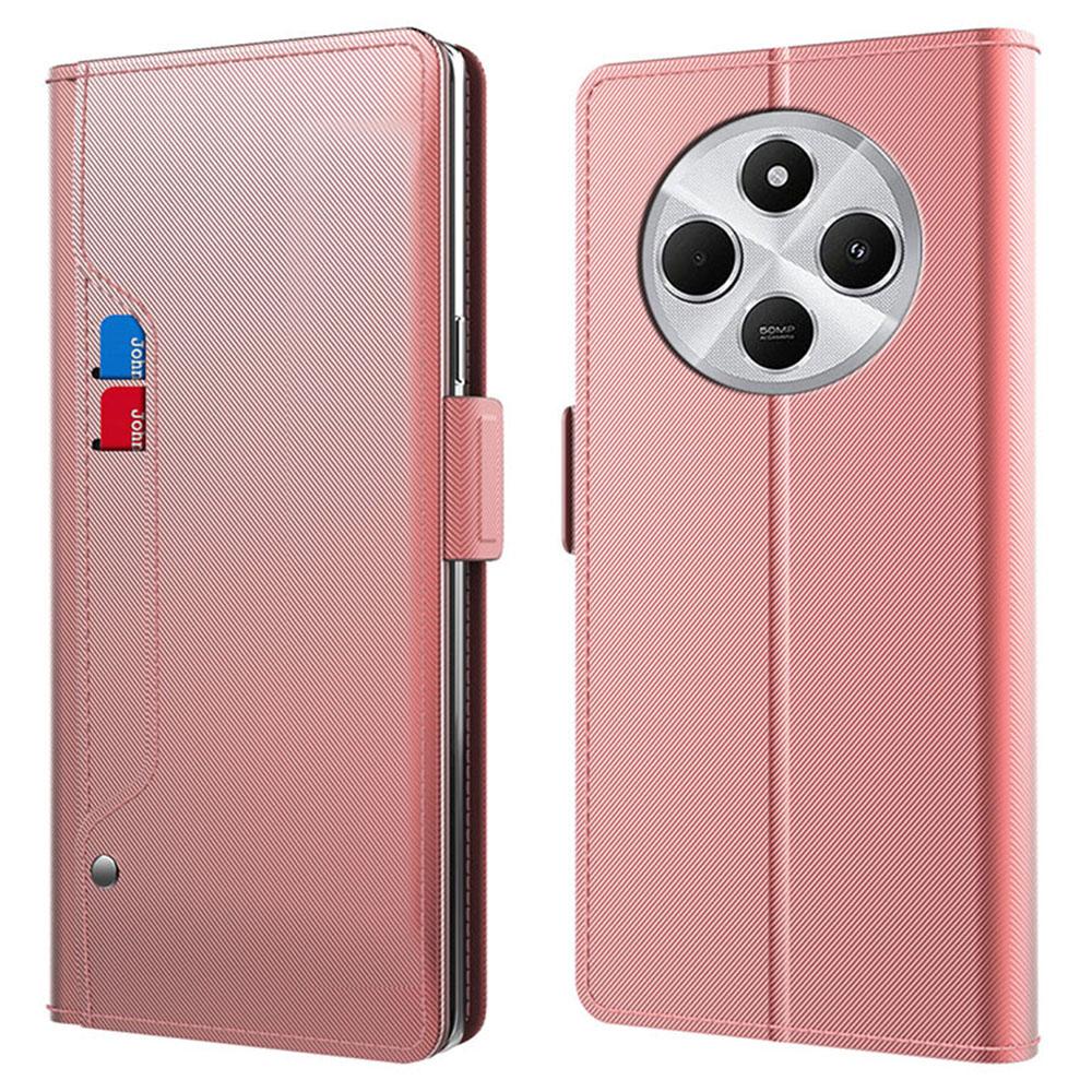 

For Xiaomi Poco C75 4G/Redmi 14R 5G/14C 4G Case Stand PU Leather Phone Cover Card Holder Mirror Rose Gold