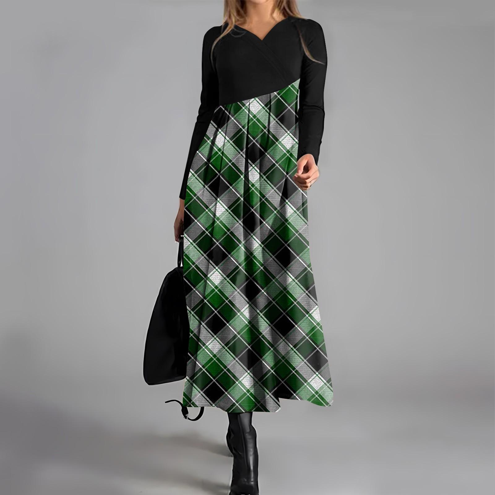 

Женское повседневное платье с V-образным вырезом, длинными рукавами, клетчатым принтом, карманом на талии и свободным кроем L