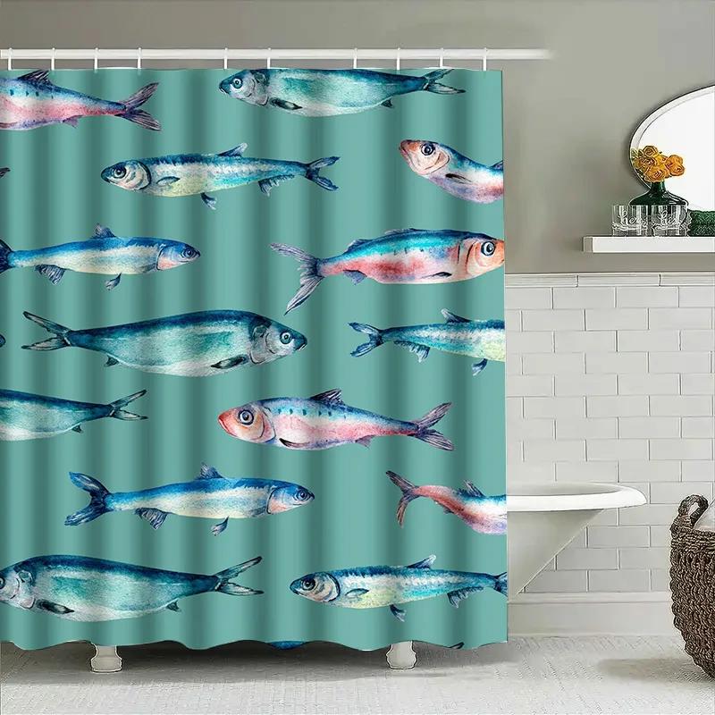 

Blue Fish Print Shower Curtain Waterproof Fabric Decorative Bathroom Rug Liner For Home Bathing Room Decoration W60H190(CM)-1 Pcs