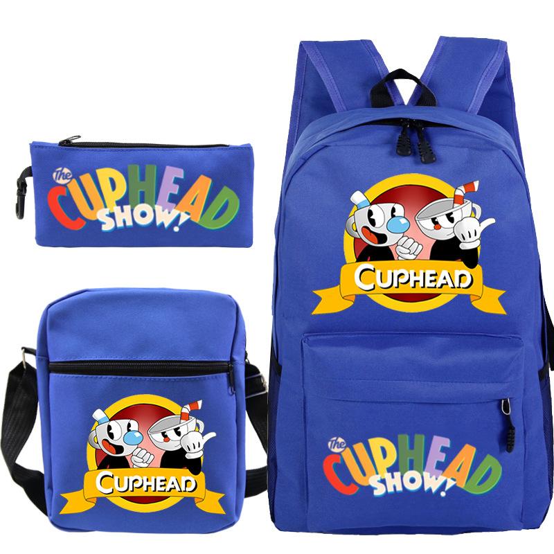 Cartoon Teacup Head Cuphead Student School Bag Backpack Three-piece Set Children's Shoulder Bag Pencil Bag