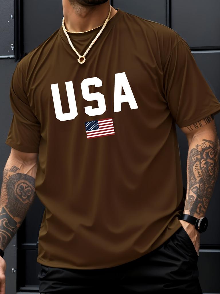 Pánské ležérní tričko s kulatým výstřihem a potiskem vlajky USA, pletenina, regular střih s krátkým rukávem