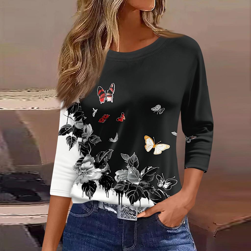 Women's Three-Quarter Sleeve Shirt, Round Neck, Loose Fit, Casual Shirt, Floral Print T-Shirt, Summer